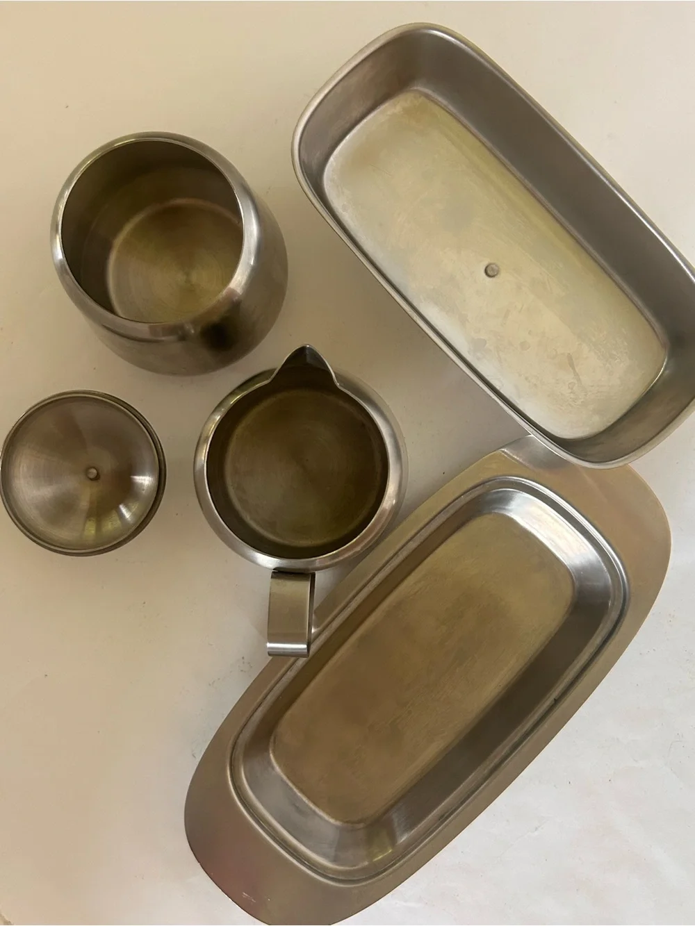 Vintage MCM Stainless Steel Butter Sugar Lid Creamer Set Oneida 18/8 Japan Retro